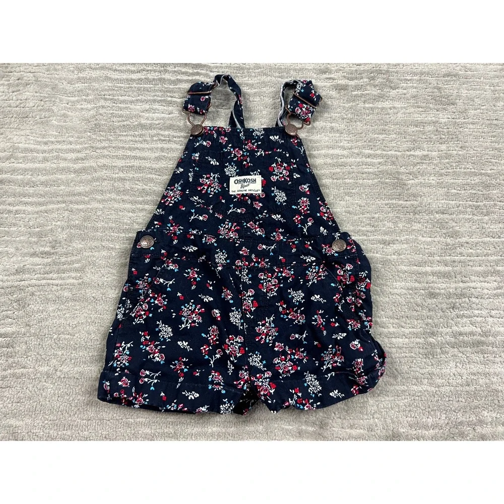 OshKosh B'gosh Shortalls Girls 18M Navy Floral Vestbak Cotton Adjustable Straps
